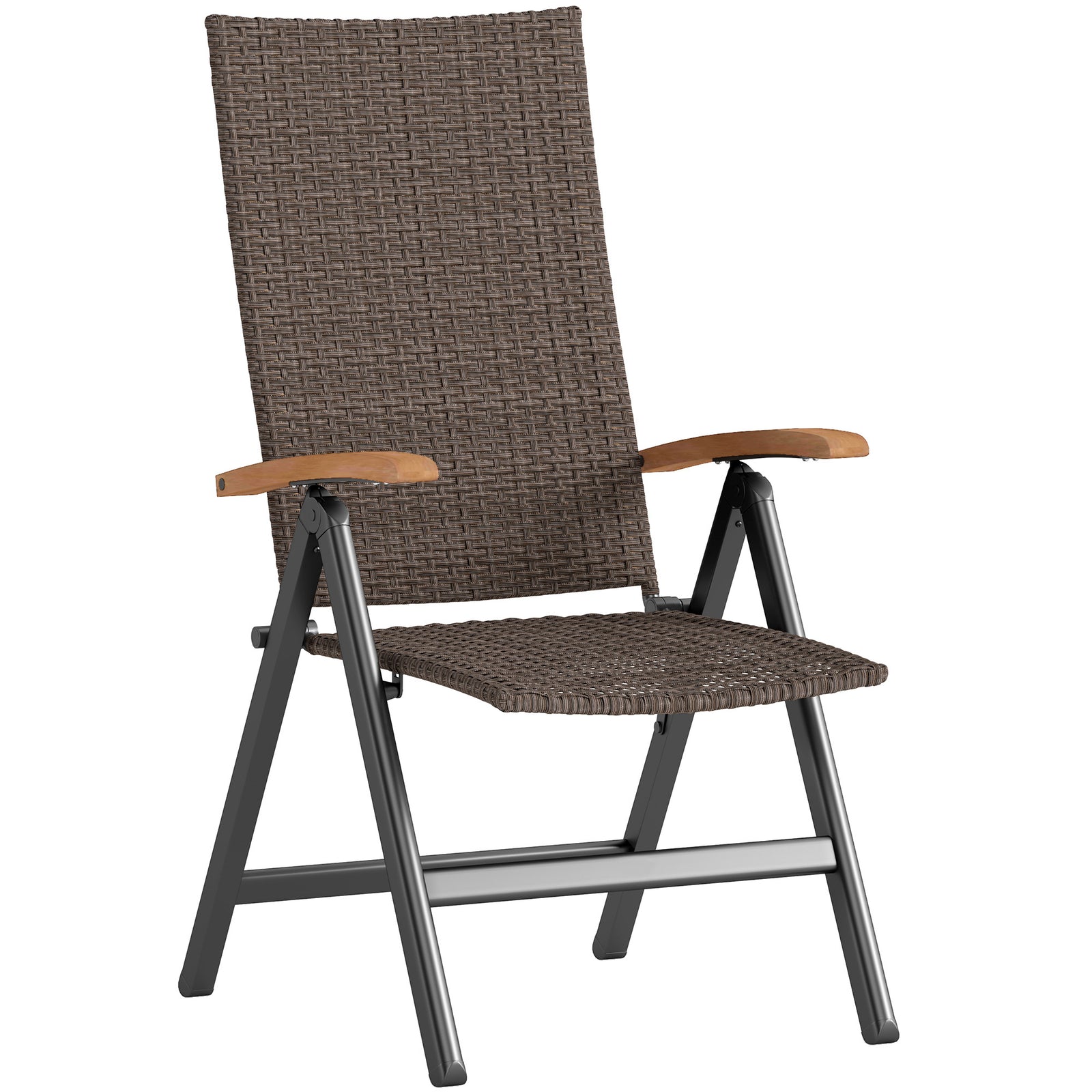 Folding Rattan Garden Dining Chair with 5-level Reclining High Back, Wood Armrests for Outdoor, Patio - Brown