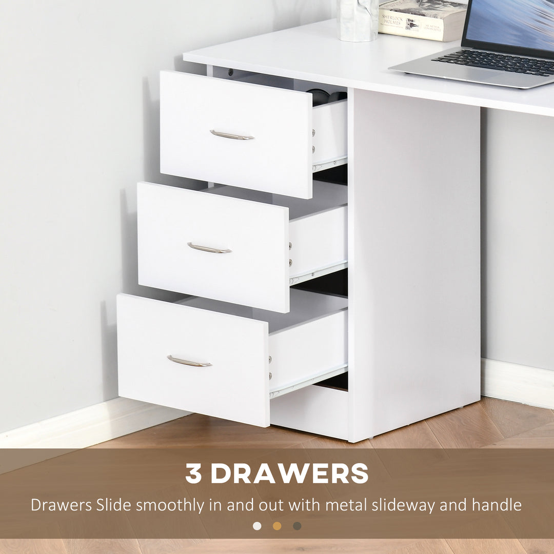 Computer Desk, Writing Table, PC Workstation with 3 Storage Shelves and Drawers, Silver Handle, for Home Office, White