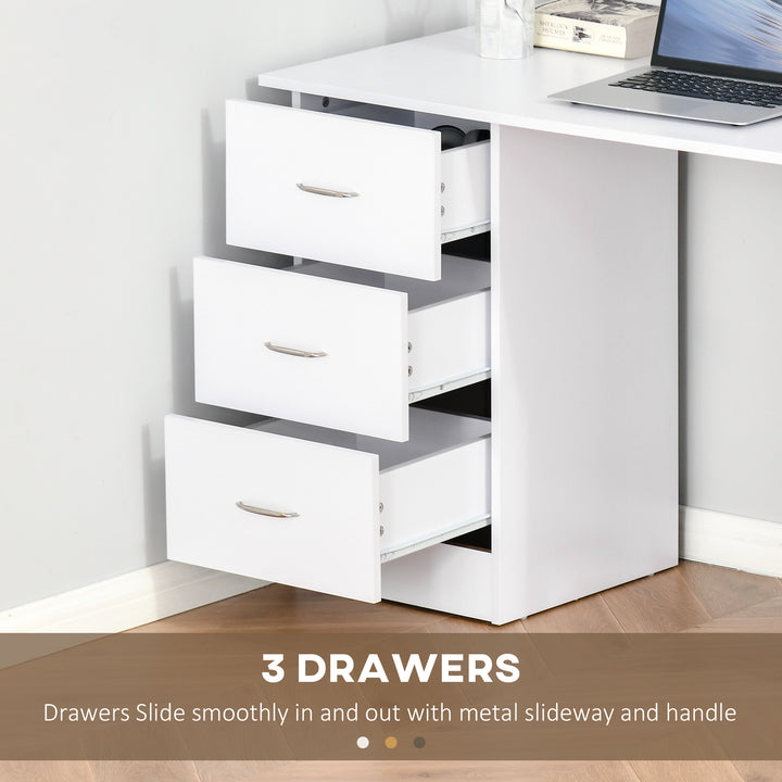 Computer Desk, Writing Table, PC Workstation with 3 Storage Shelves and Drawers, Silver Handle, for Home Office, White