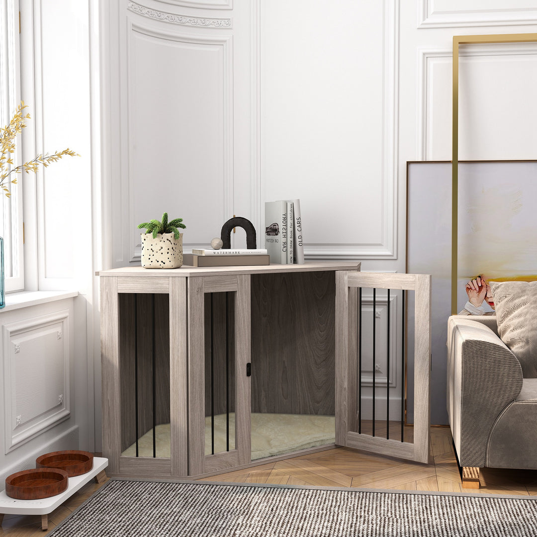 Dog Crate Furniture Side Table, with Cushion, 122 x 61 x 71cm - Walnut Brown