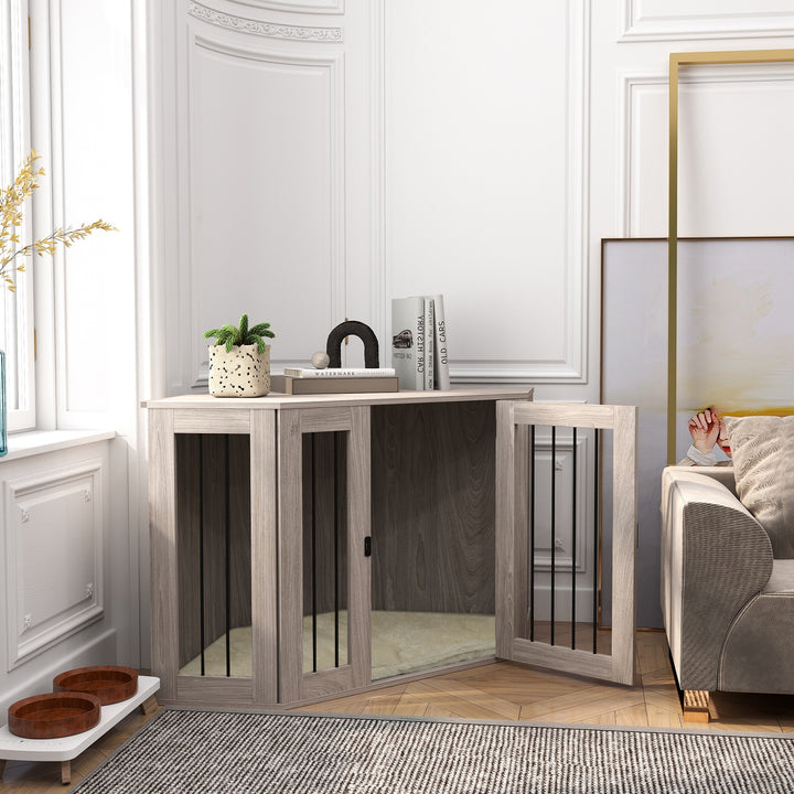 Dog Crate Furniture Side Table, with Cushion, 122 x 61 x 71cm - Walnut Brown