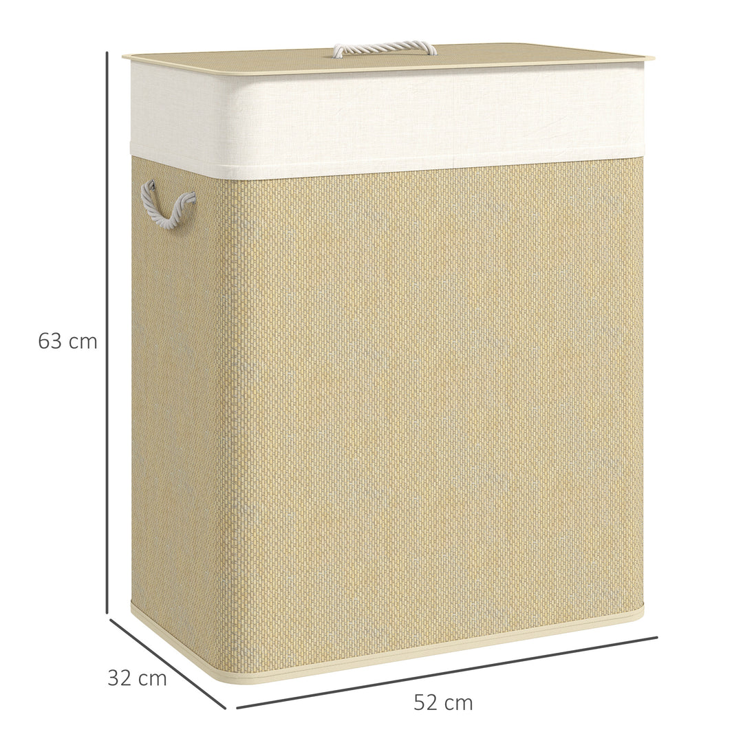 Double Laundry Basket with Lid, 100L Bamboo Laundry Hamper with Rope Handles, Washing Basket with Removable Liner for Bathroom, Bedroom, Cream White
