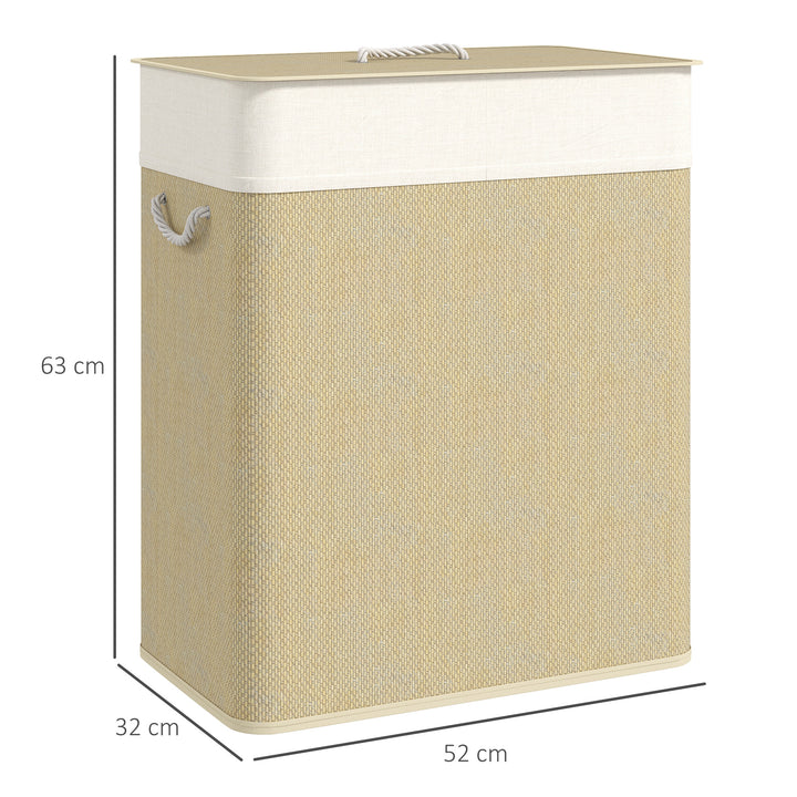 Double Laundry Basket with Lid, 100L Bamboo Laundry Hamper with Rope Handles, Washing Basket with Removable Liner for Bathroom, Bedroom, Cream White