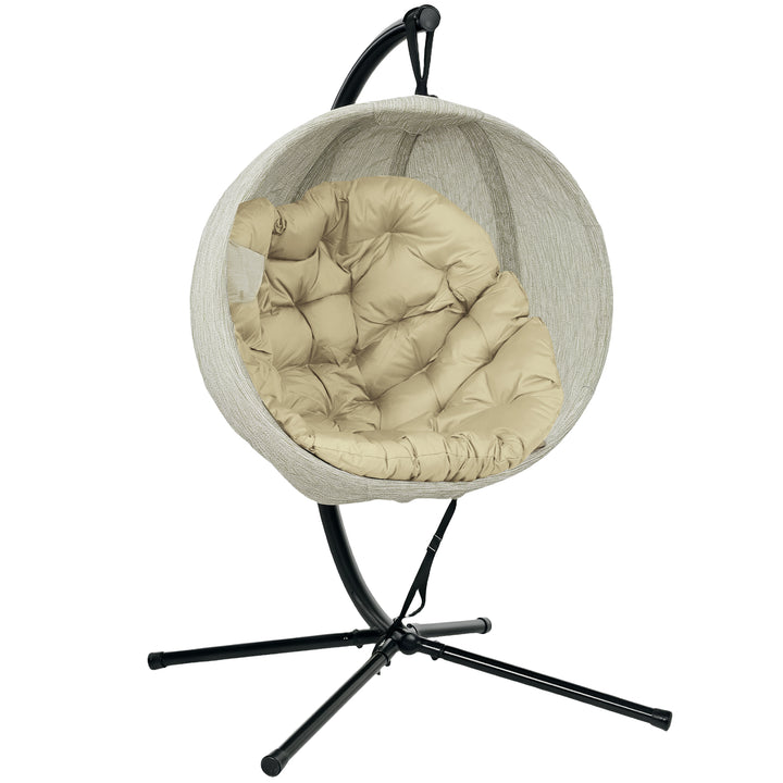 Hanging Egg Chair Outdoor Indoor Garden Swing Chair with Folding Basket, Garden Hanging Chair with Stand, Thickened Cushion, Cup Holder for Patio, Balcony, Khaki
