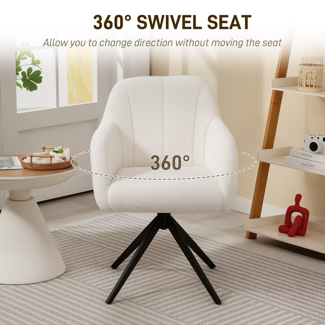 360 Degree Swivel Accent Chair, Teddy Fleece Fabric Armchair, Upholstered Tufted Vanity Chair with Steel Legs for Living Room, Bedroom, Home Office, White