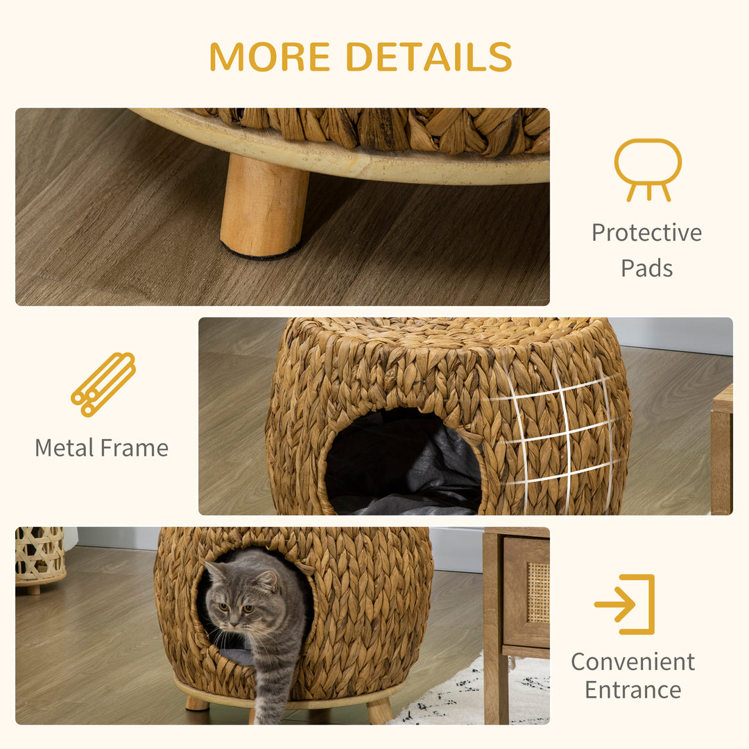Wicker Cat Bed Cat House Stool with Washable Cushion, 44 x 43 x 41cm