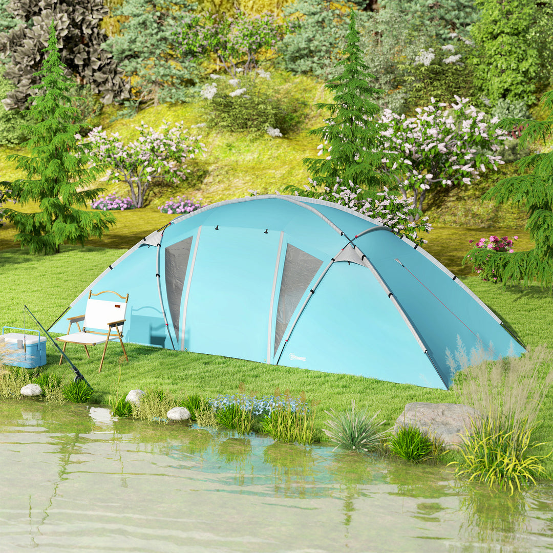 4-6 Man Family Camping Tent w/ 2 Bedrooms and a Living Room, Waterproof Tunnel Tent w/ Sewn In Groundsheet, Doors, Windows, Carry Bag, Blue