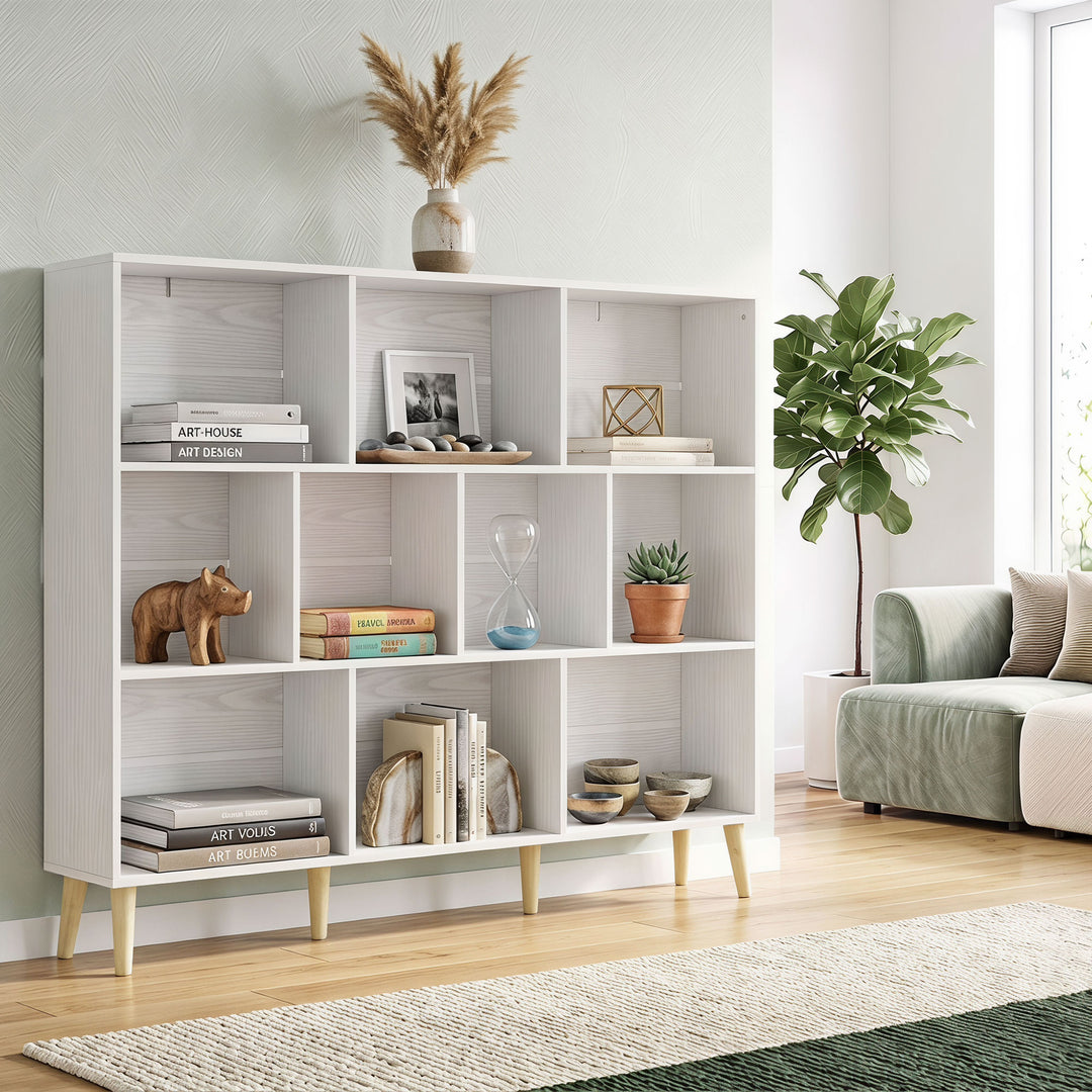 10-Cube Bookcase, 3-Tier Book Shelf with Solid Wood Legs, 140 cm Moder
