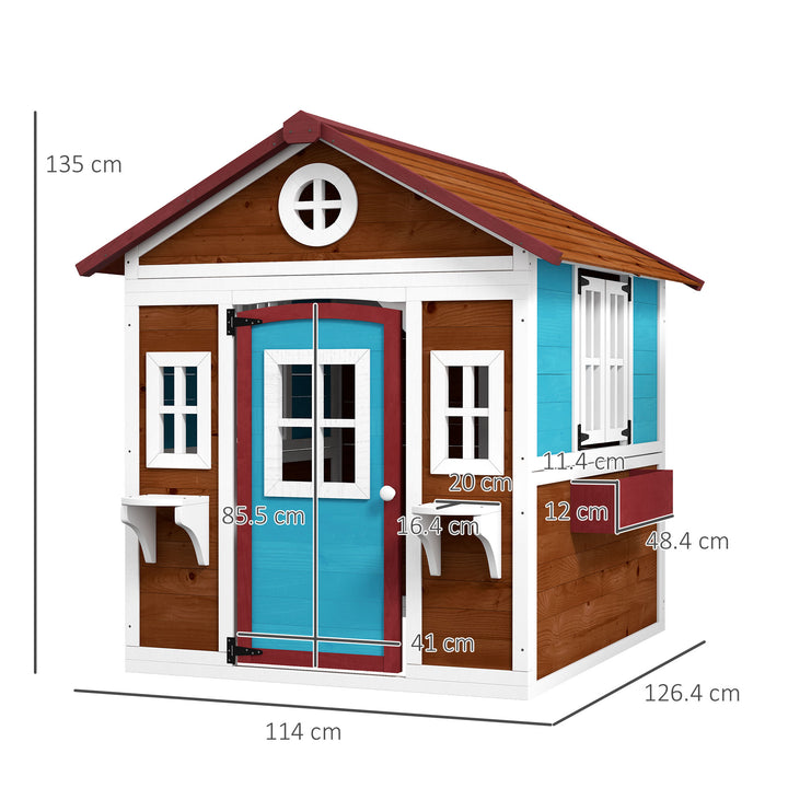Wooden Playhouse with Doors, Windows, Plant Pots, Boxes, for 3-8 Years - Dark Brown