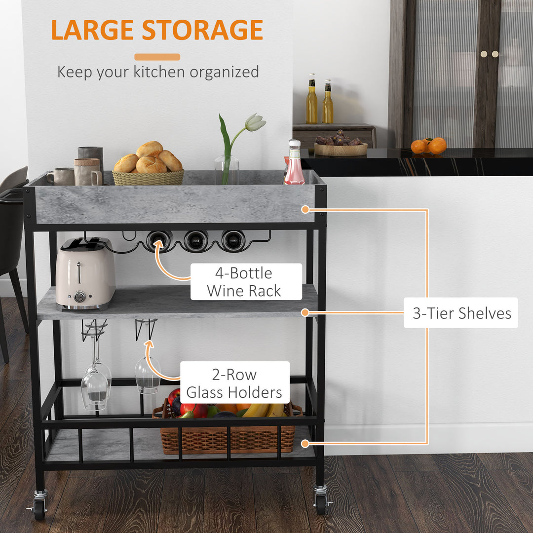 HOMCOM 3-Tier Kitchen Cart, Kitchen Island with Storage Shelves, Removable Tray, Wine Racks, Glass Holders, Faux Marbled Grey | Aosom UK