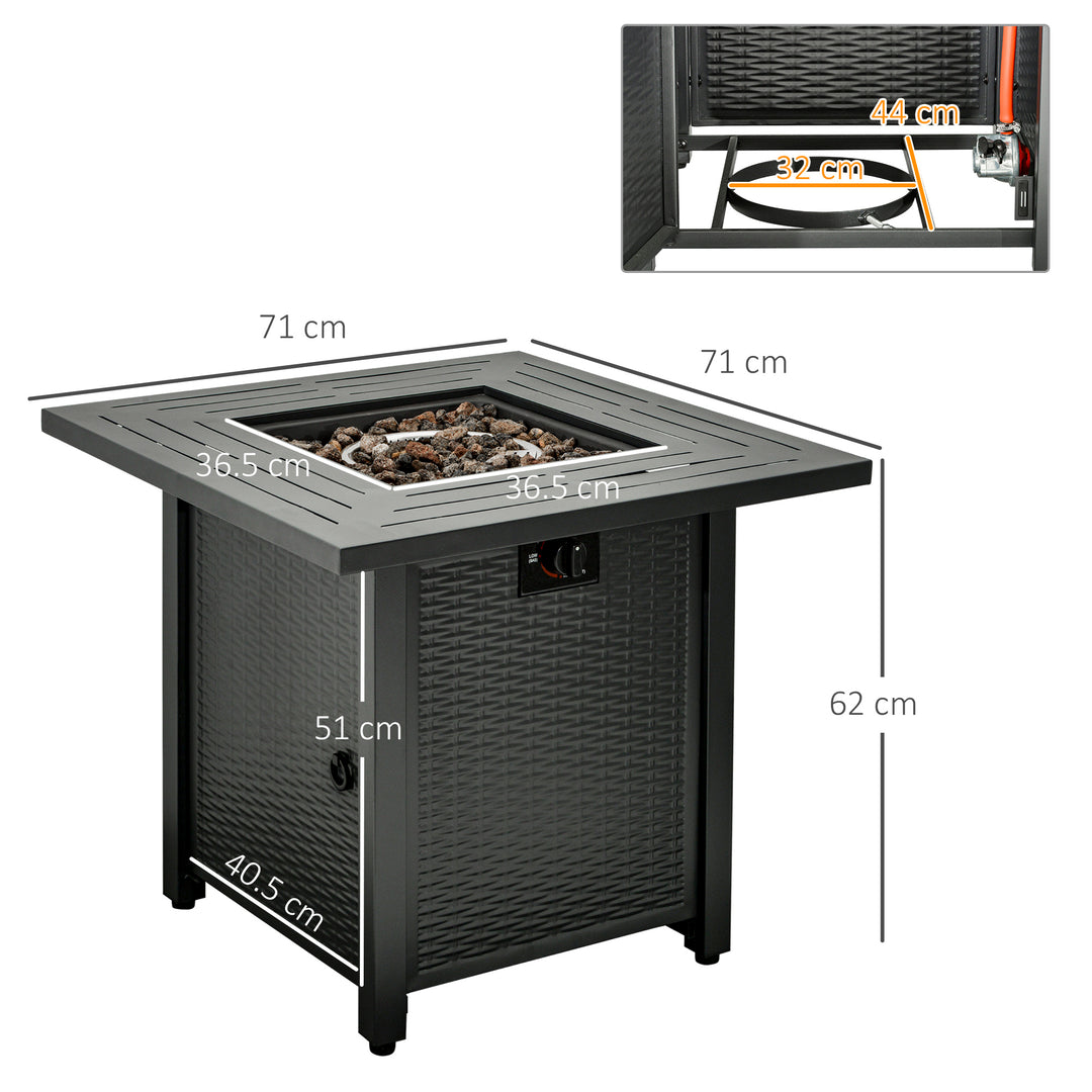 Outsunny Square Propane Gas Fire Pit Table, 40000 BTU Rattan Smokeless Firepit Patio Heater w/ Protective Cover, Lava Rocks and Lid, 71x71x62cm, Black