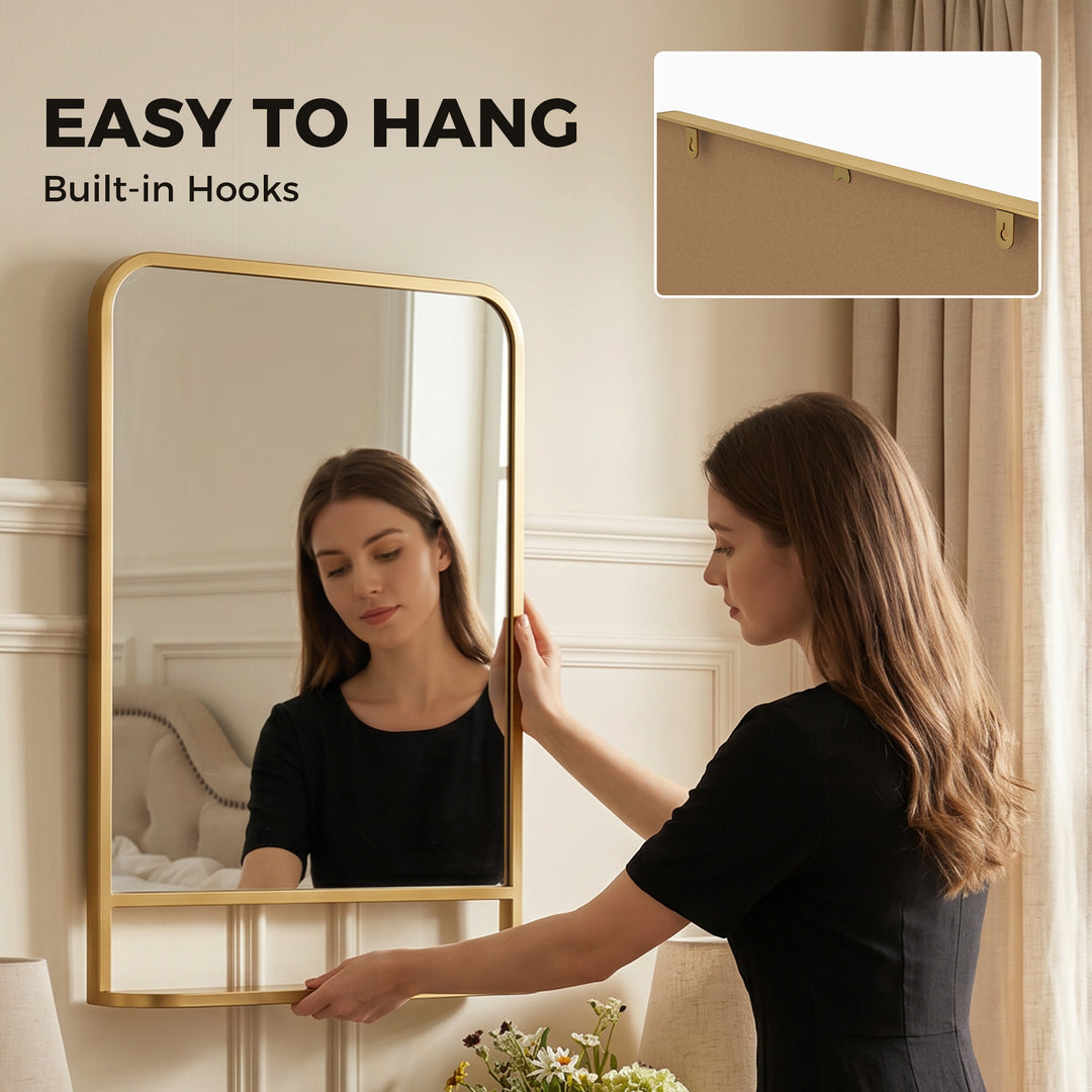 Modern Rectangular Wall Mirror with Storage Shelf, 70 x 50 cm, Gold To