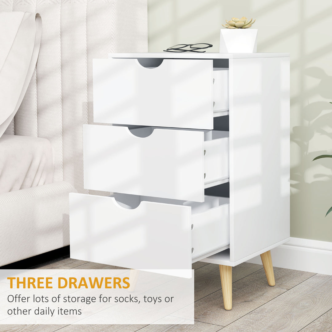 Bedside Table, Bedside Cabinet with 3 Drawers, Small Side Table with Wood Legs and Cut-out Handles for Bedroom, Cream White