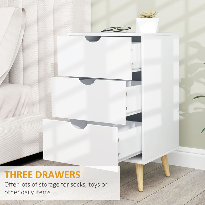 Bedside Table, Bedside Cabinet with 3 Drawers, Small Side Table with Wood Legs and Cut-out Handles for Bedroom, Cream White