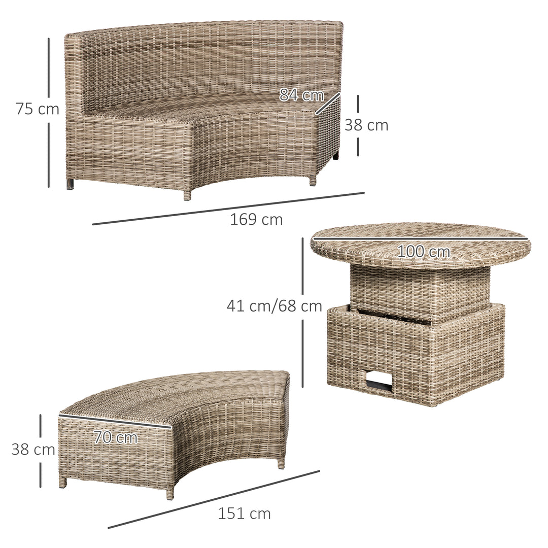 5 Pieces Outdoor PE Rattan Round Garden Daybed with Cushions, Aluminium Patio Furniture Set Lounge Chair Conversation Sofa Set with Liftable Coffee Table and Protect Cover, Grey