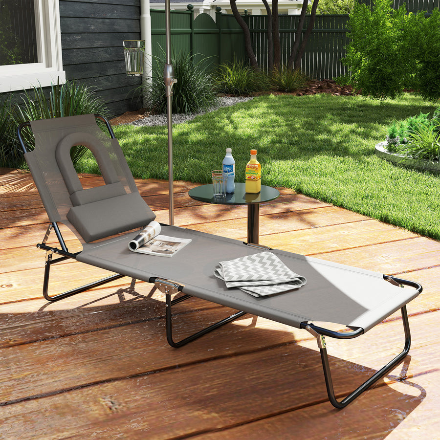 Folding Sun Lounger Reclining Chair w/ Pillow Reading Hole Garden Beach