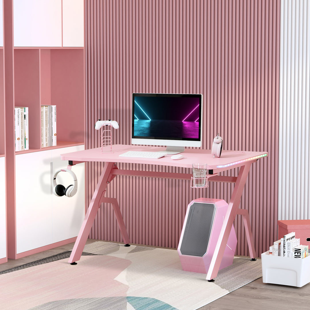 RGB 120 x 66cm Gaming Desk, Computer Table with Carbon Fibre Surface, Headphone Hook, Cup Holder, Controller Rack, Home Office Desk, Pink