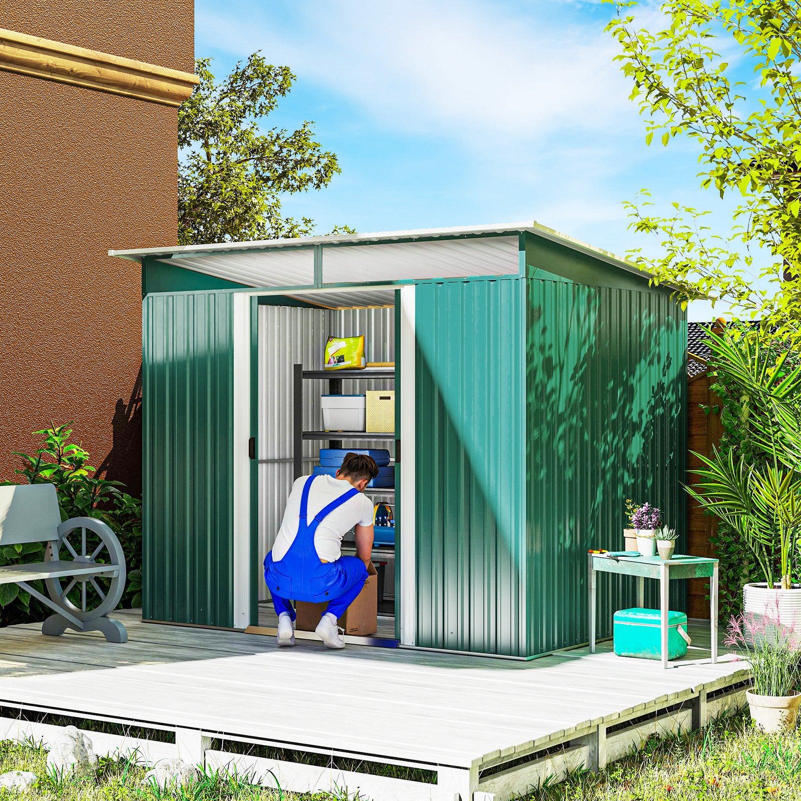 8.5 x 6ft Metal Shed with Lightsky Panels, Garden Storage Tool House with Double Doors for Garden, Patio and Lawn, Green