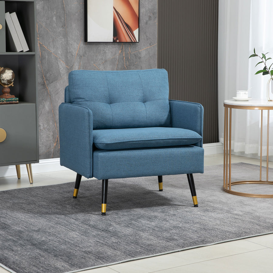 Modern One Seater Sofa, Button Tufted Armchair with Cushions and Steel Legs, Accent Chair for Living Room, Guest Room, Dark Blue