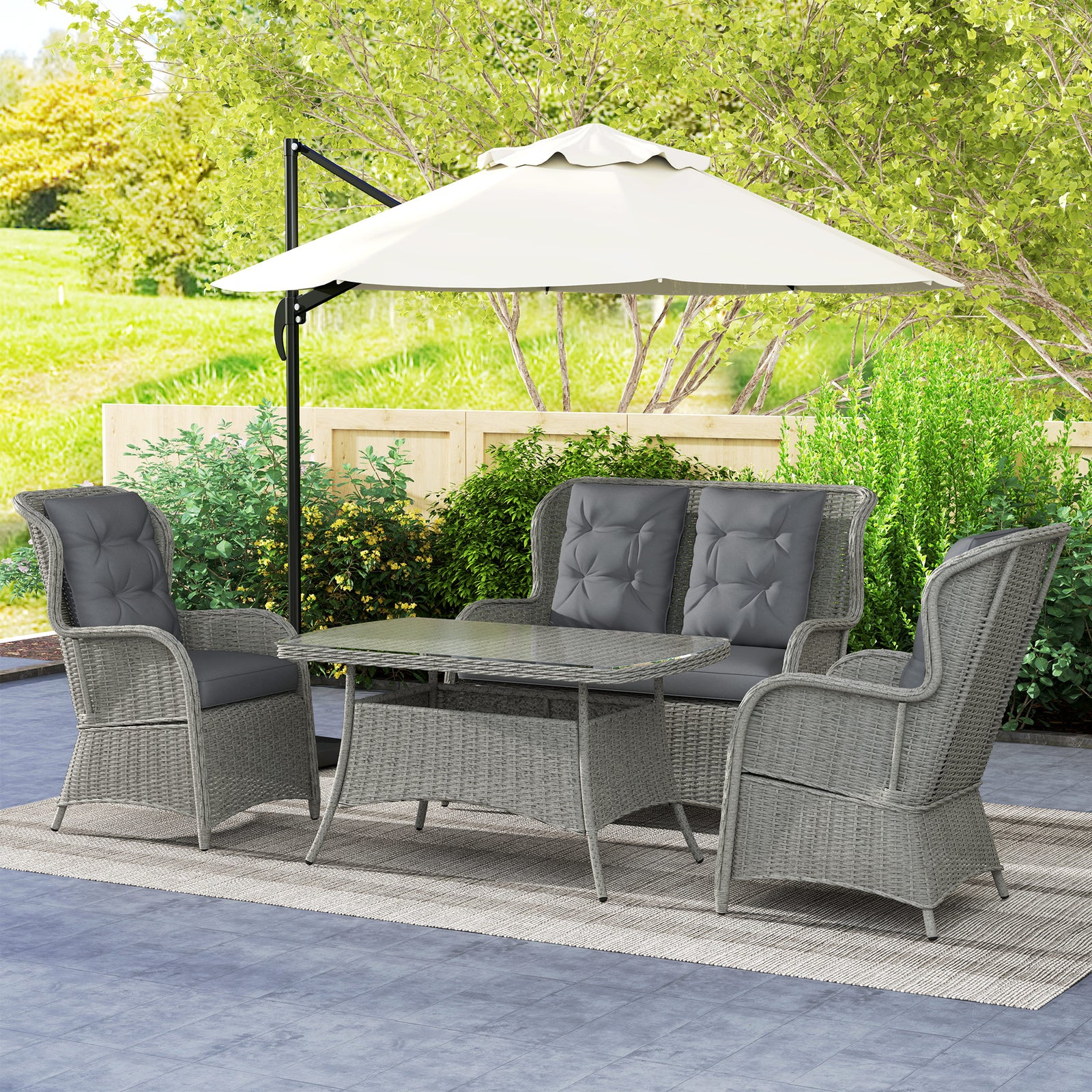Garden PE Rattan Dining Sofa Set, Outdoor 4 Seater Wicker Furniture, High Back Chairs with Cushions, Tempered Glass Coffee Table for Patio, Light Grey