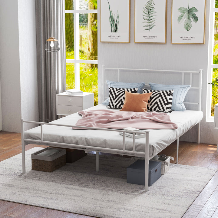 Double Metal Bed Frame Solid Bedstead Base with Headboard and Footboard, Metal Slat Support and Underbed Storage Space, Bedroom Furniture, White
