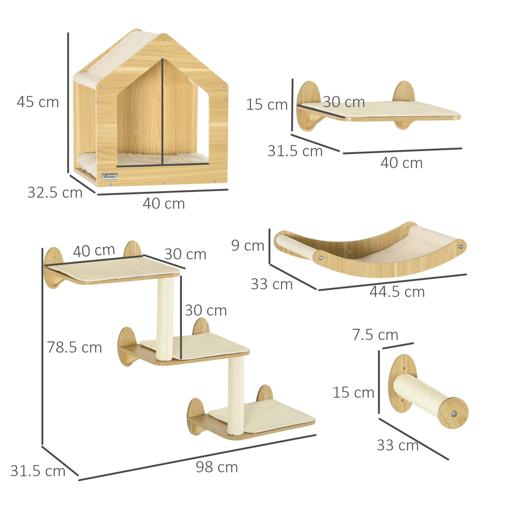 8 Piece Cat Shelves Set, with Cat House, Three Perches, Three Scratchi
