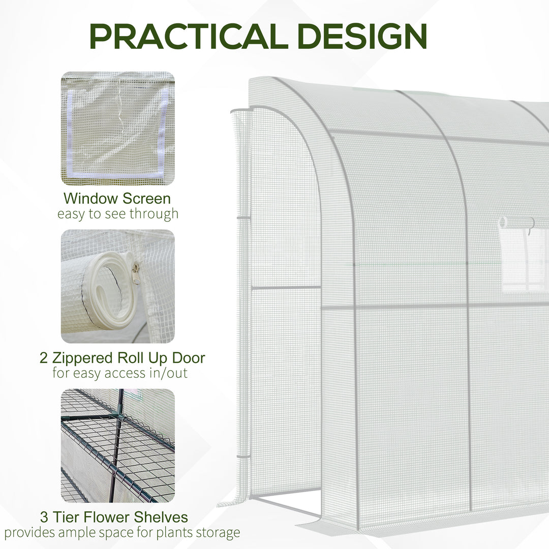 Walk-In Lean to Wall Greenhouse with Windows and Doors, Outdoor Green House with 3 Tiers 4 Wired Shelves, 200L x 100W x 215Hcm, White