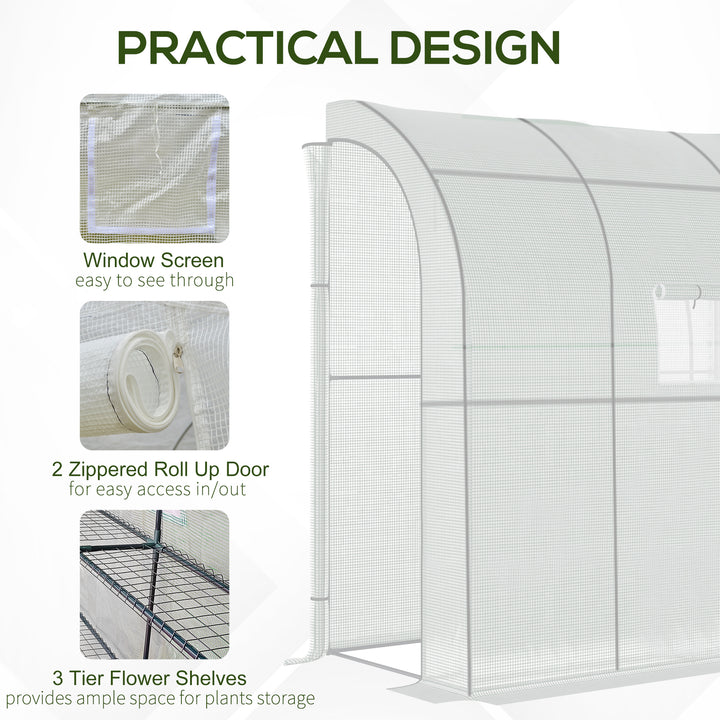 Walk-In Lean to Wall Greenhouse with Windows and Doors, Outdoor Green House with 3 Tiers 4 Wired Shelves, 200L x 100W x 215Hcm, White
