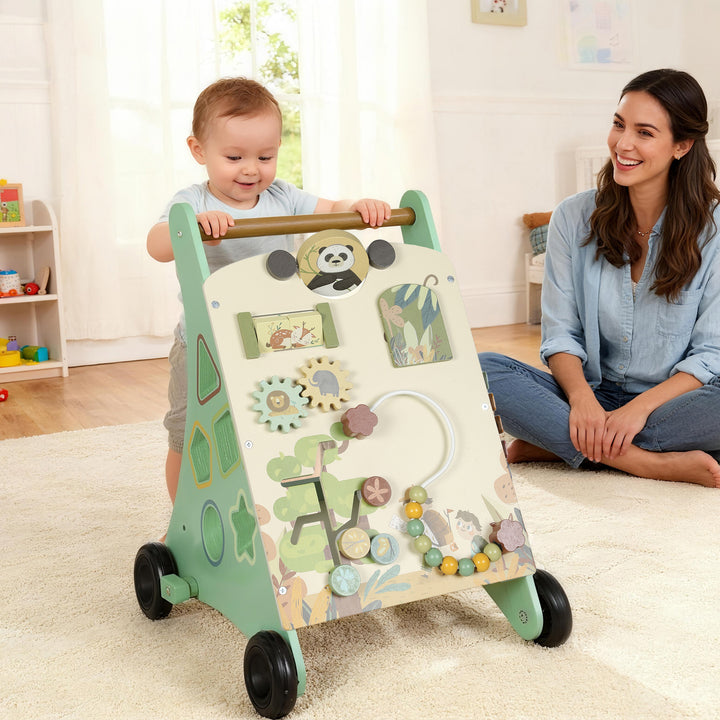 Wooden Baby Walker, Push Along Walker Toys with Speed Control, Xylophone, gears and Bead Maze
