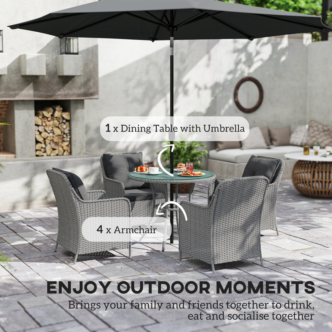 4 Seater Rattan Dining Set with Parasol & Cushions - Light Grey