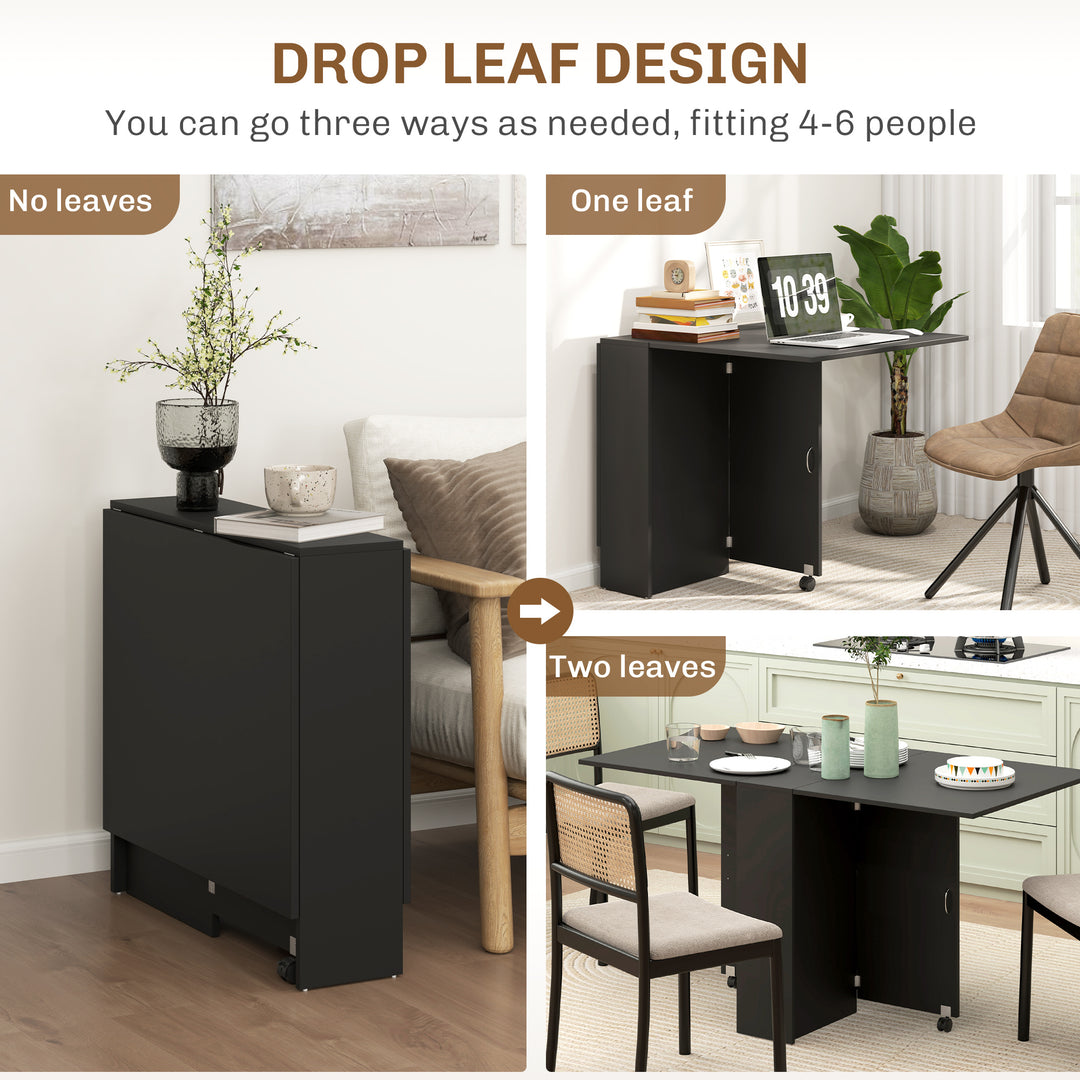 Foldable Dining Table, Extendable Drop Leaf Table with 2-tier Shelves, Small Dinner Table with Rolling Casters