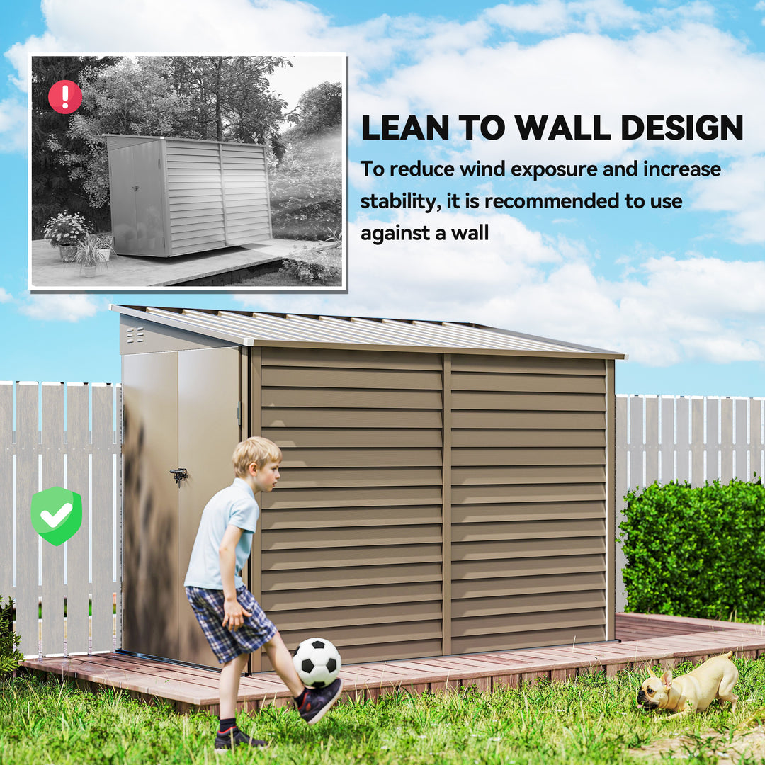 5 x 9ft Galvanised Metal Garden Shed with Foundation Kit, Outdoor Lean-to Shed, Tool Storage House with Lockable Doors, Gloves and 2 Air Vents for Patio, Garden, Brown