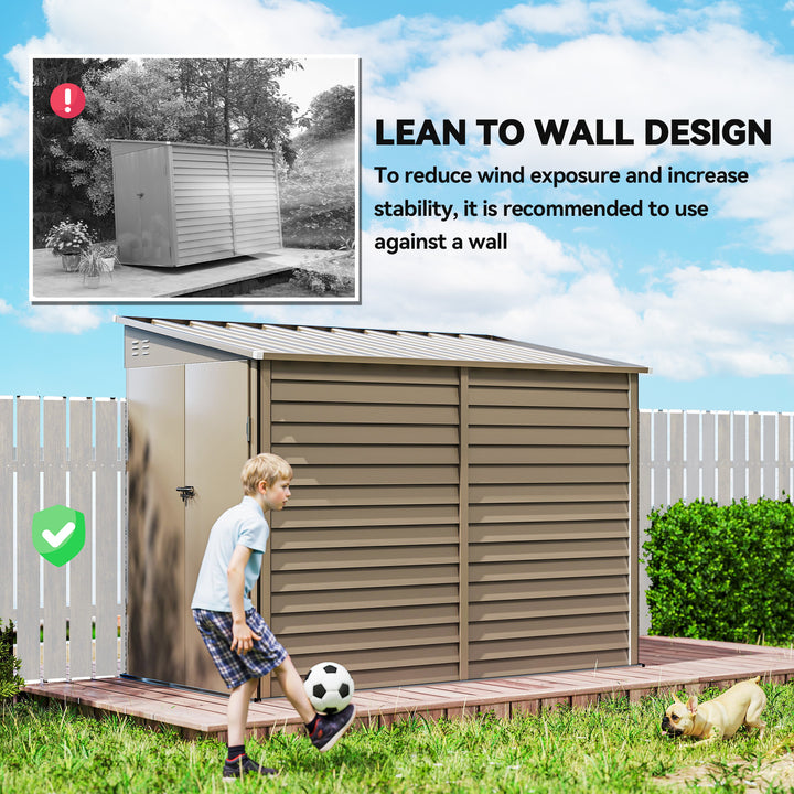 5 x 9ft Galvanised Metal Garden Shed with Foundation Kit, Outdoor Lean-to Shed, Tool Storage House with Lockable Doors, Gloves and 2 Air Vents for Patio, Garden, Brown