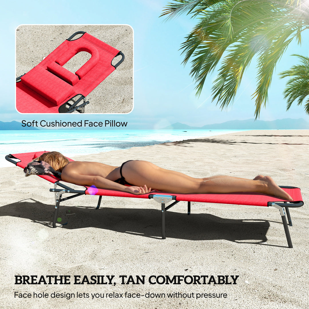 Foldable Outdoor Sun Lounger Adjustable Backrest Reclining Chair with Pillow and Reading Hole Garden Beach, Red
