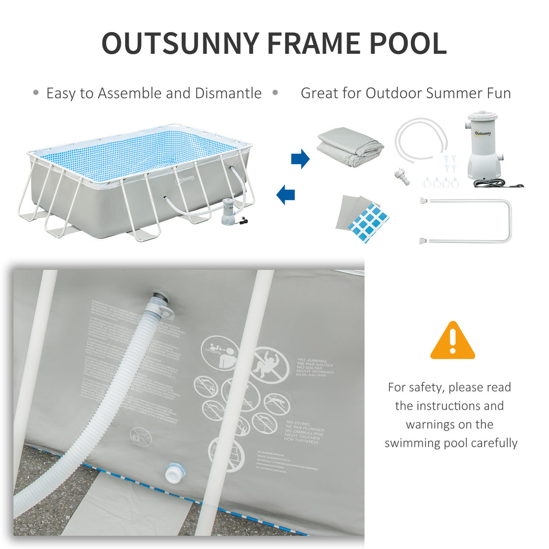 Outsunny Steel Frame Pool with Filter Pump, Outdoor Rectangular Frame Above Ground Swimming Pool, 340 x 215 x 80 cm, Light Grey