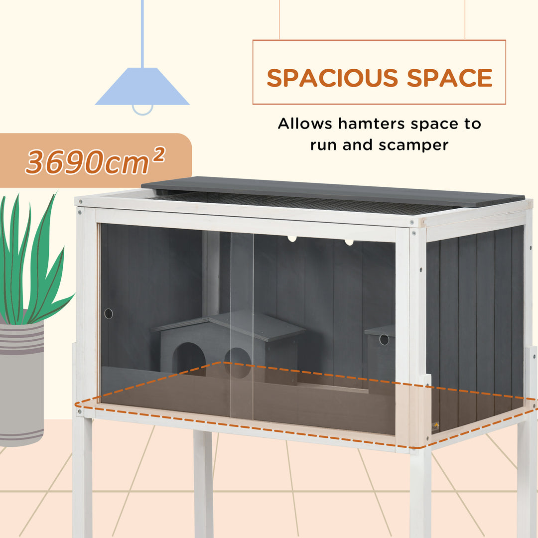Wooden Hamster Cage for Dwarf Hamsters, Gerbils, Rutin Chicken, with Shelf, Two Huts - Grey