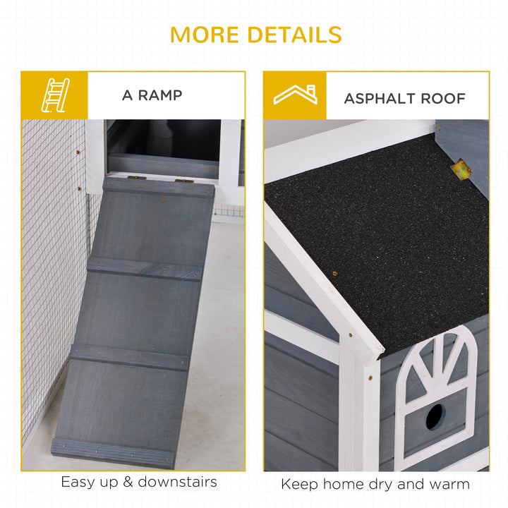 Wooden Rabbit Hutch and Run with Sliding Tray, Ramp, Water-resistant Roof, for 2-4 Rabbits, Grey