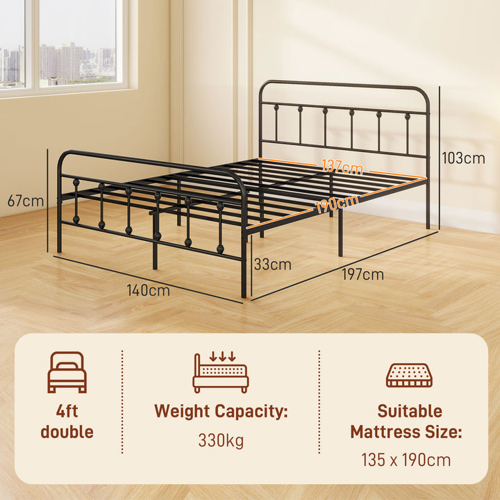 HOMCOM 4ft Double Platform Bed Frame with Underbed Storage Tall Headboard Steel Slat No Box Spring Needed Easy Assembly Black