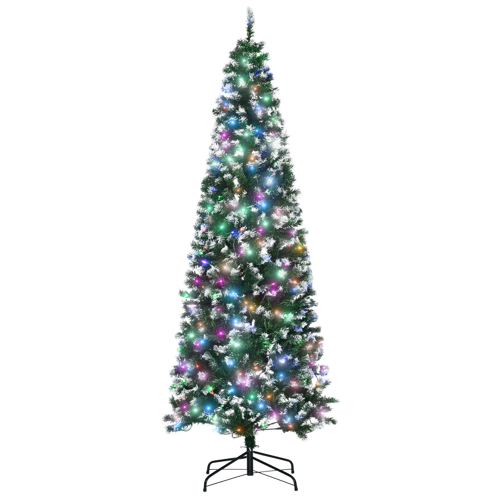 7FT Tall Prelit Pencil Slim Artificial Christmas Tree with Realistic Branches, 350 Colourful LED Lights and 818 Tips, Xmas Decoration, Green