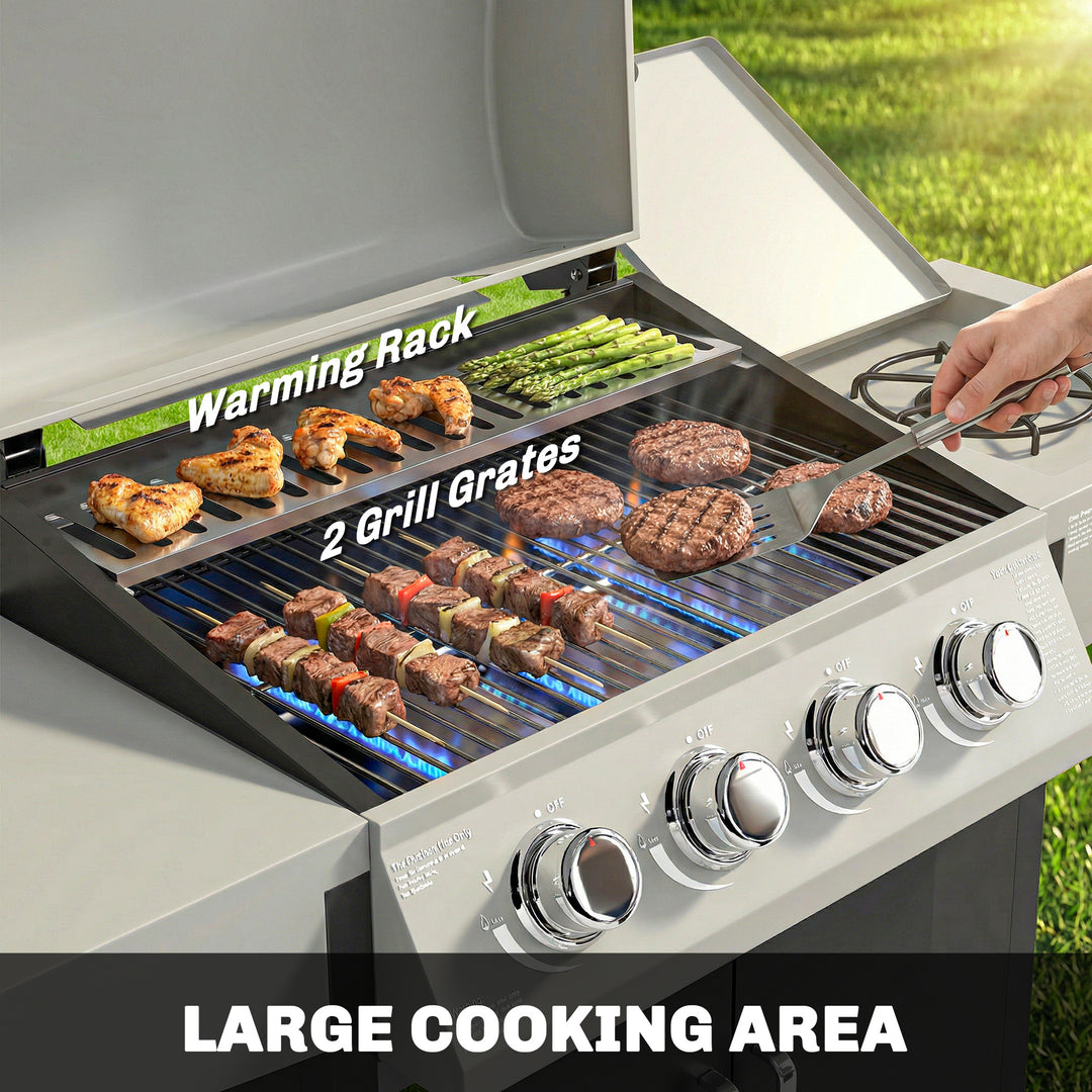 4+1 Burner Gas BBQ Grill with Side Burner, 14.5 kW Steel Portable Gas 