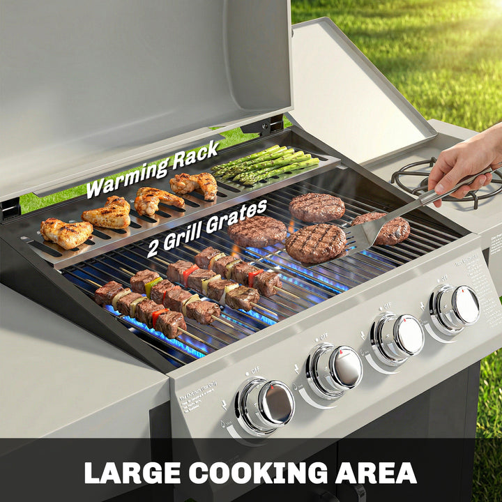 4+1 Burner Gas BBQ Grill with Side Burner, 14.5 kW Steel Portable Gas 