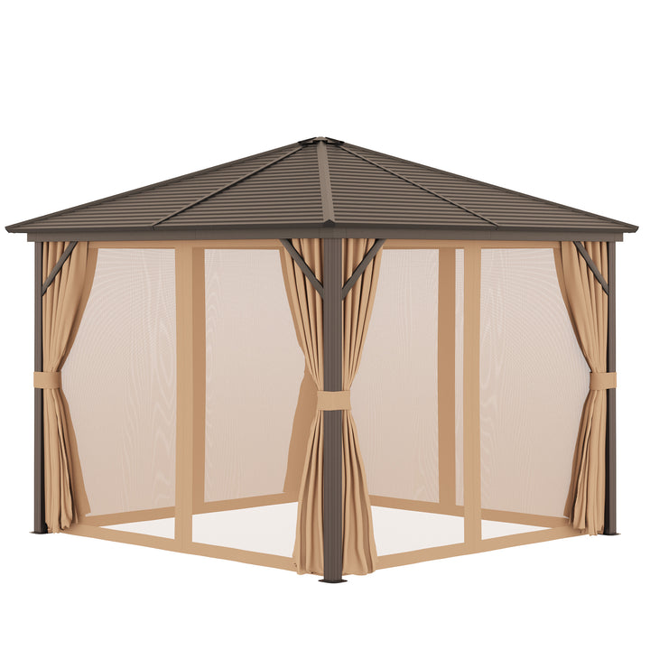 Outsunny 3 x 3 Meters Patio Aluminium Gazebo Hardtop Metal Roof Canopy Party Tent Garden Outdoor Shelter with Mesh Curtains & Side Walls