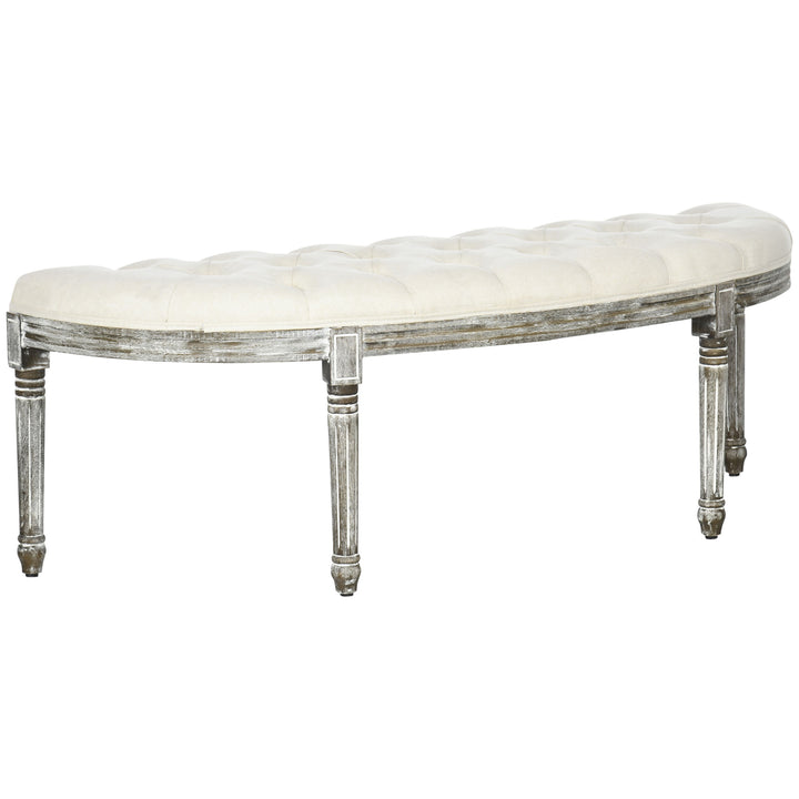 HOMCOM Ottoman Footstool, Half-Circle End Bench with Tufted Padded Seat and Brushed Wood Base, Antique Accents, Cream White