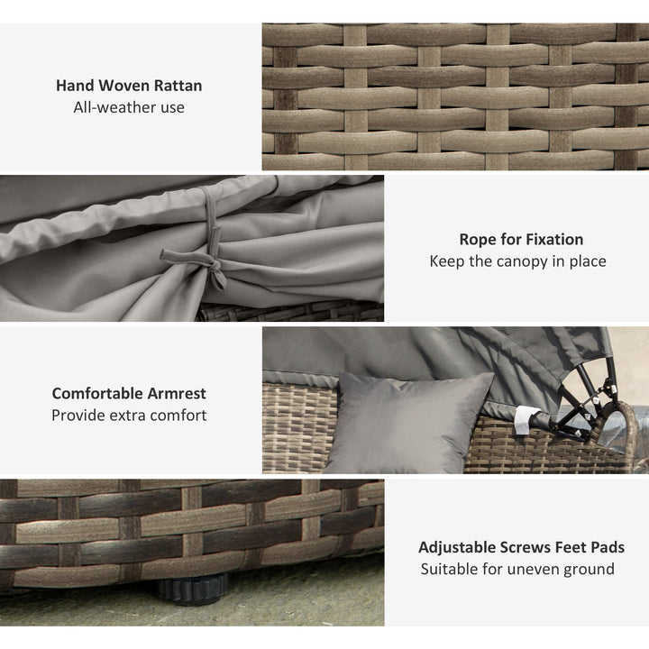 Outdoor PE Rattan Garden Furniture with Cushioned, Patio Wicker Conversation Furniture Set, Round Daybed with Retractable Canopy, Coffee Table and Three Pillows, Dark Grey