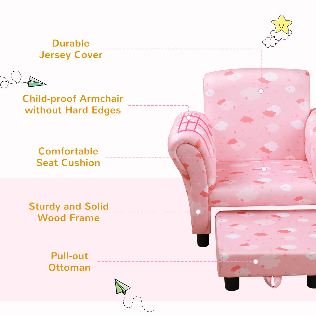 HOMCOM Kids Children Armchair Mini Sofa Wood Frame w/ Footrest Anti-Slip Legs High Back Arms Bedroom Playroom Furniture Cute Cloud Pink | Aosom UK