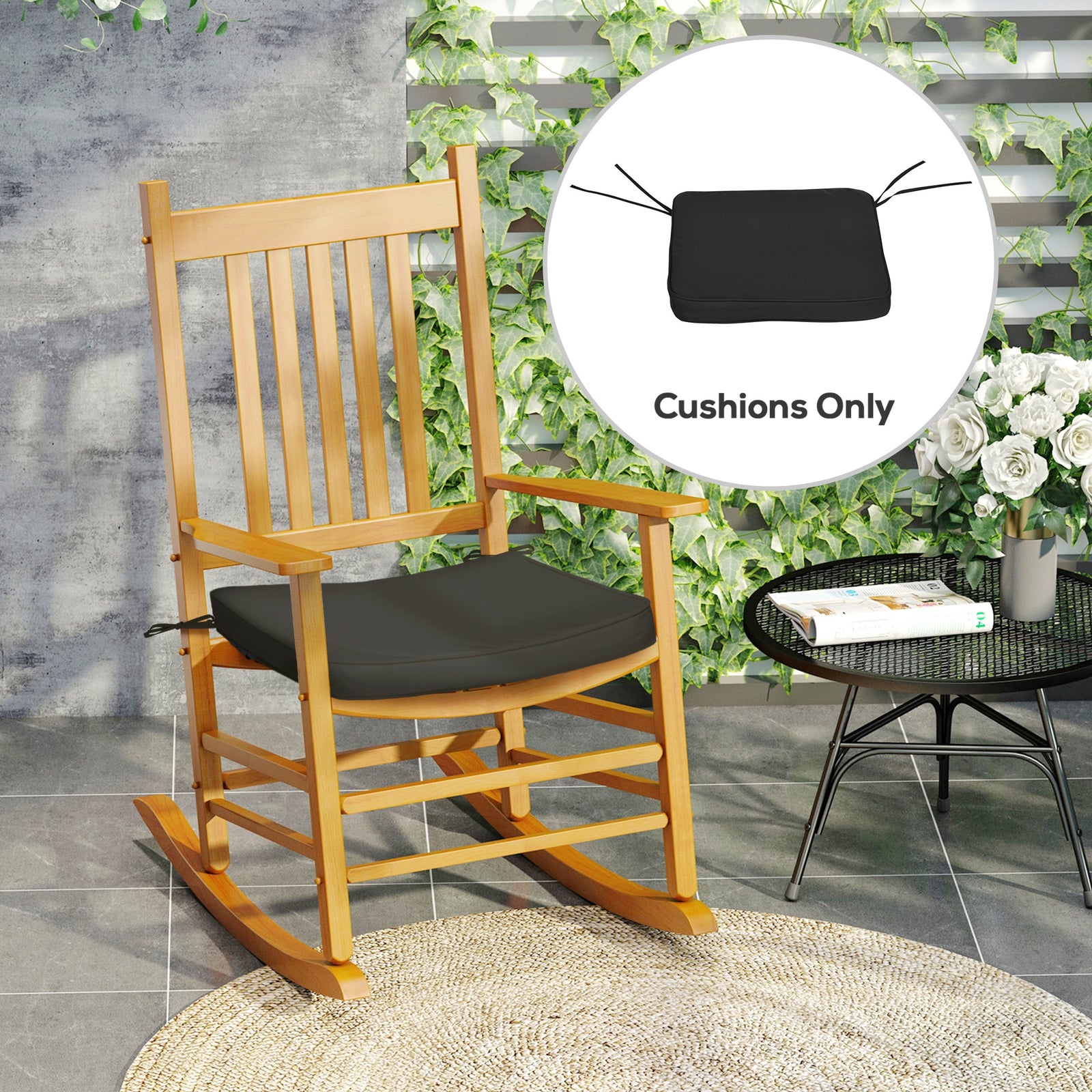 Set of 6 Chair Cushion Seat Pads Dining Chair w/ Straps Indoor Outdoor Removable Tie On Garden Patio Black