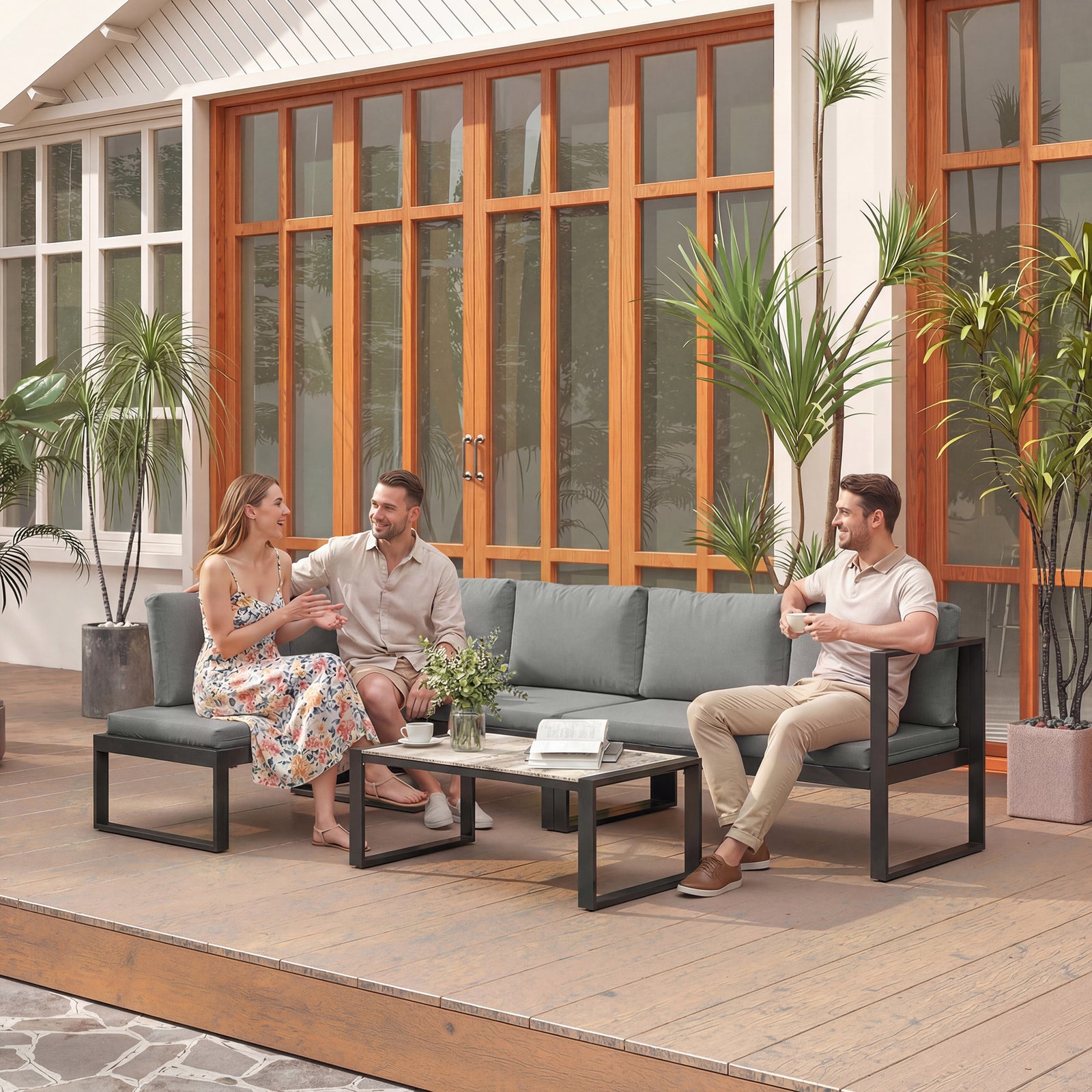 4 Piece Garden Furniture Set, Garden Sofa Set with 2 Loveseats, Armles