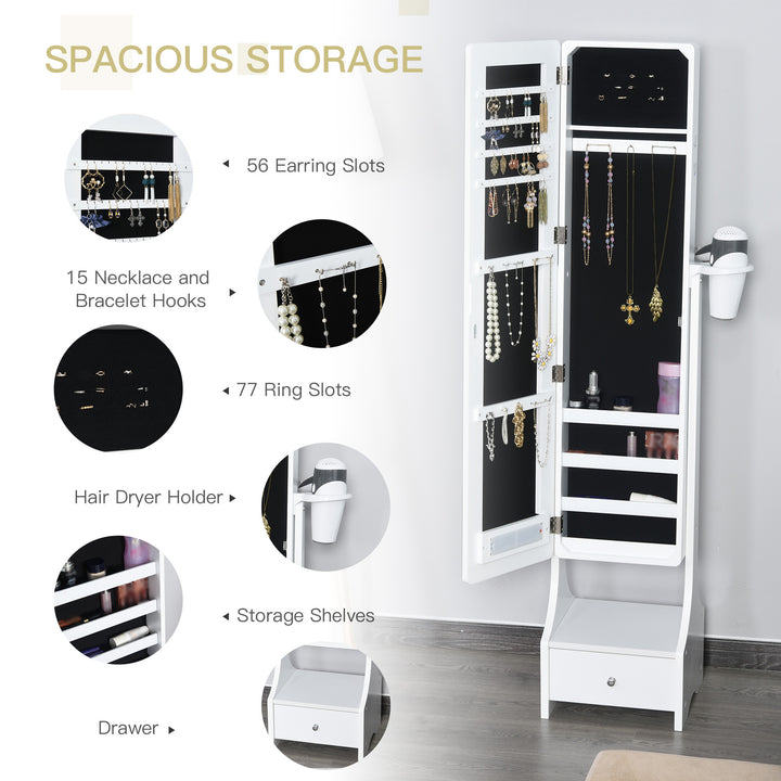 Jewellery Cabinet, Full Length Mirror with Storage, Free Standing Mirror with LED Lights, Hooks, Drawer and Hairdryer Holder for Bedroom, White