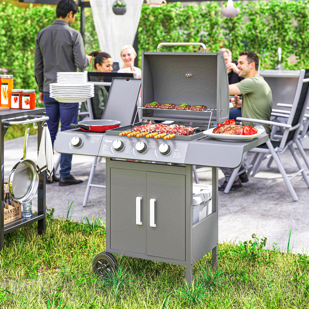 3+1 Burner Gas BBQ Grill, Outdoor Barbecue Trolley with Wheels, Warming Rack, Side Shelves, Cabinet, Thermometer for Garden, Party, Camping, 110L x 50W x 100Hcm, Grey