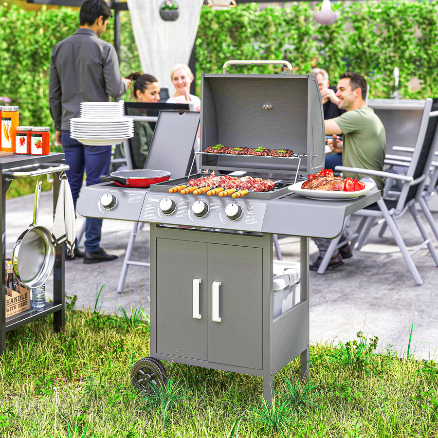 3+1 Burner Gas BBQ Grill, Outdoor Barbecue Trolley with Wheels, Warming Rack, Side Shelves, Cabinet, Thermometer for Garden, Party, Camping, 110L x 50W x 100Hcm, Grey